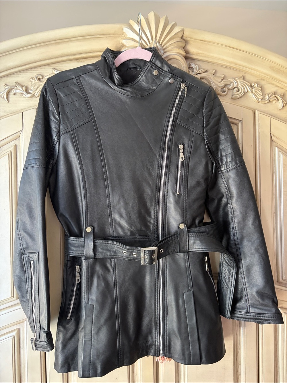 Classic Black Leather Belted Motor Jacket
